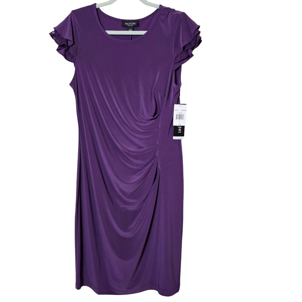 Perceptions New York Eggplant‎ Purple Draped Ruched Flutter Sleeve Dress L NWT